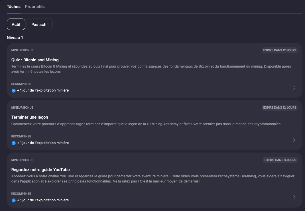 La liste des actions gratuites à faire sur GOMINING pour gagner de l'argent quotidiennement.